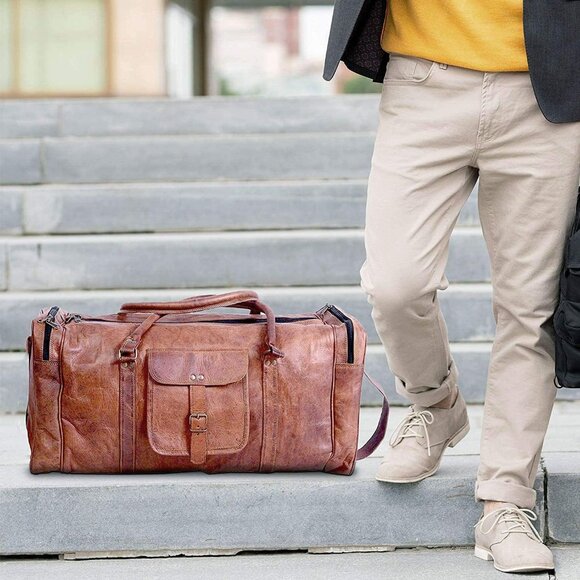🆕 Men Brown Leather Bag Square Duffel Travel Gym Sports Overnight Weekend Style - Picture 8 of 9
